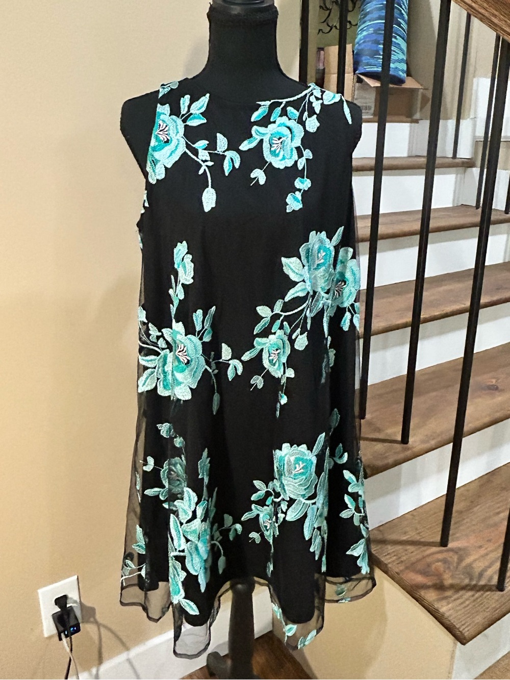 ICE ladies M Black A-Line Dress with floral aqua embroidered sheer overlay dress